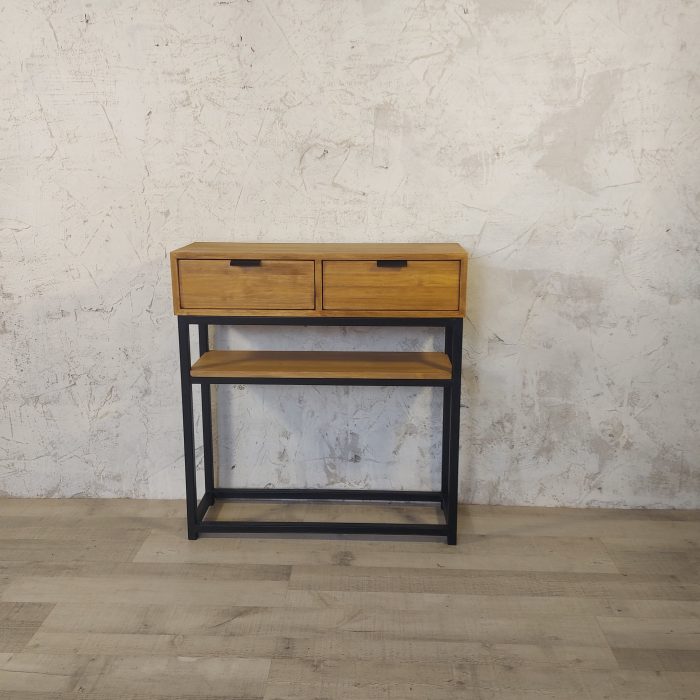 Mueble Recibidor de madera y hierro Hela con dos cajones más una estantería y patas de hierro forjado - Antic Moama.