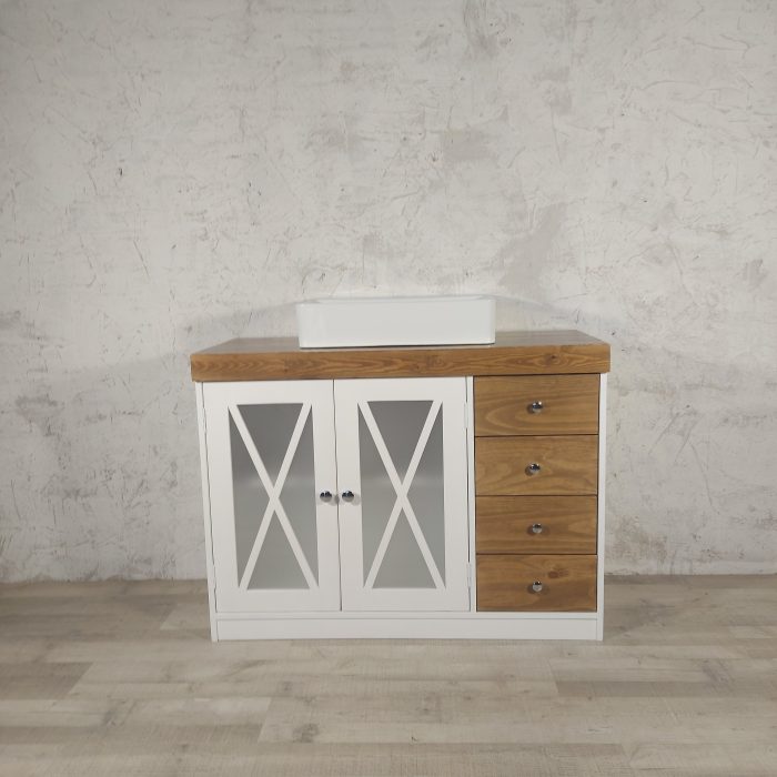 Mueble de baño blanco y madera con cuatro cajones y dos puertas - Antic Moama